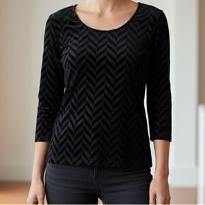 TAN JAY Black Velvet Burnout Chevron 3/4 Sleeve Top Blouse Holiday Party Y2K